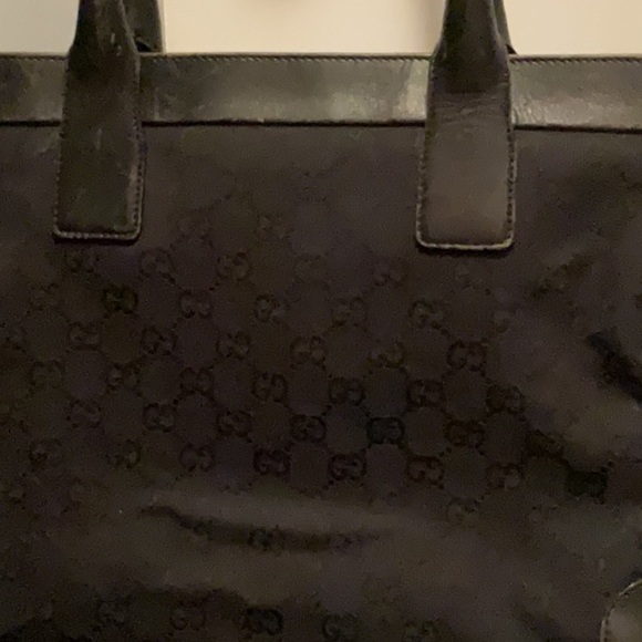 Authentic GUCCI Black GG Nylon Monogram Leather Abbey Medium Tote Bag - Picture 2 of 11